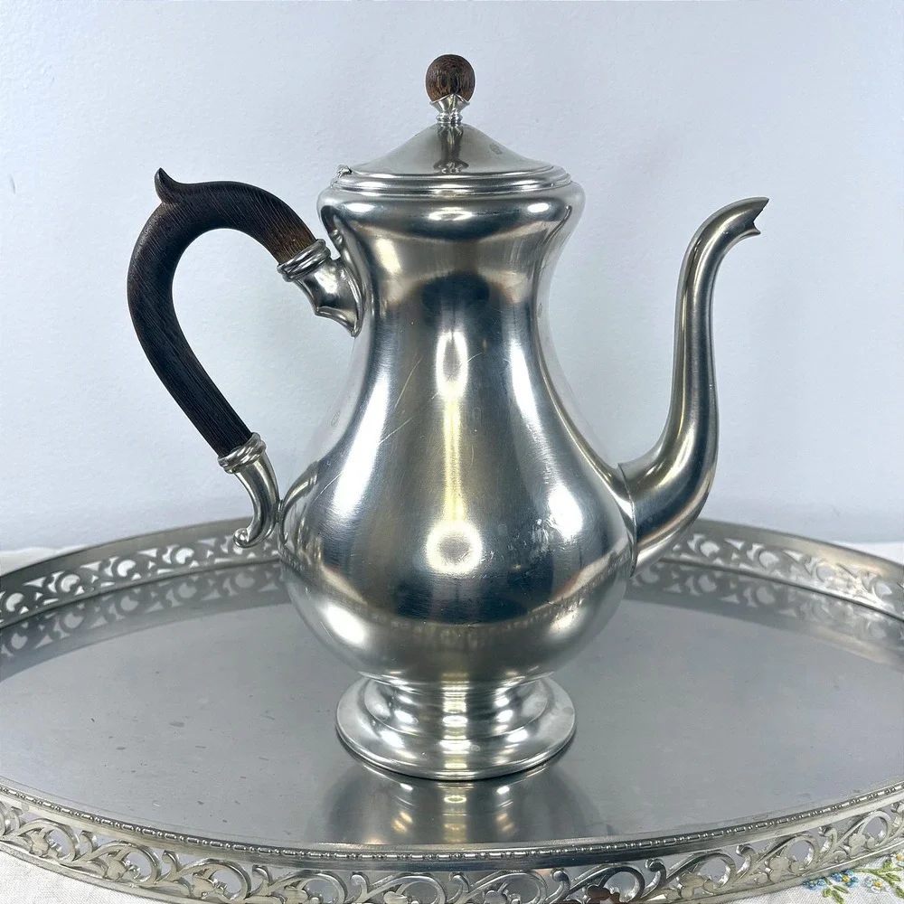 Vintage Royal Holland Pewter Coffee Set with Wood Accents and Gallery Tray